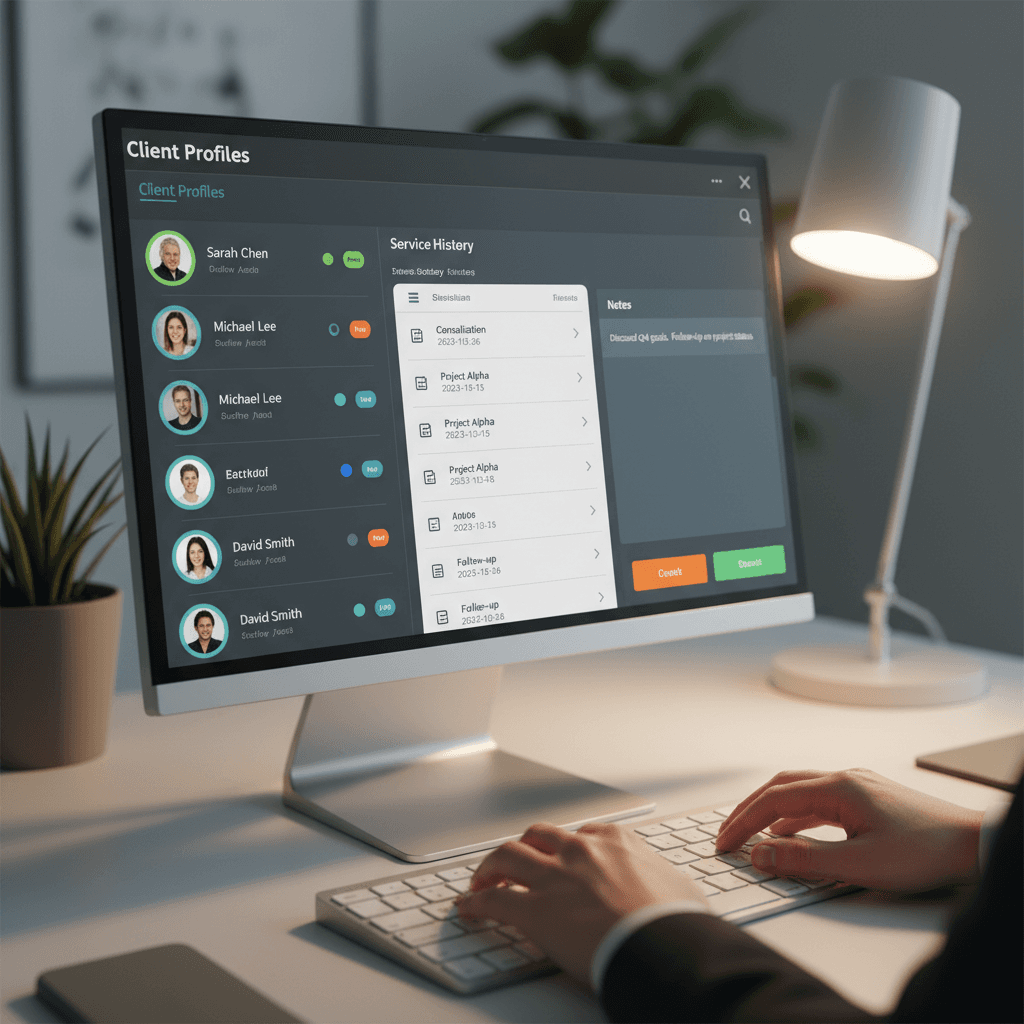 Client management dashboard showing service history and preferences
