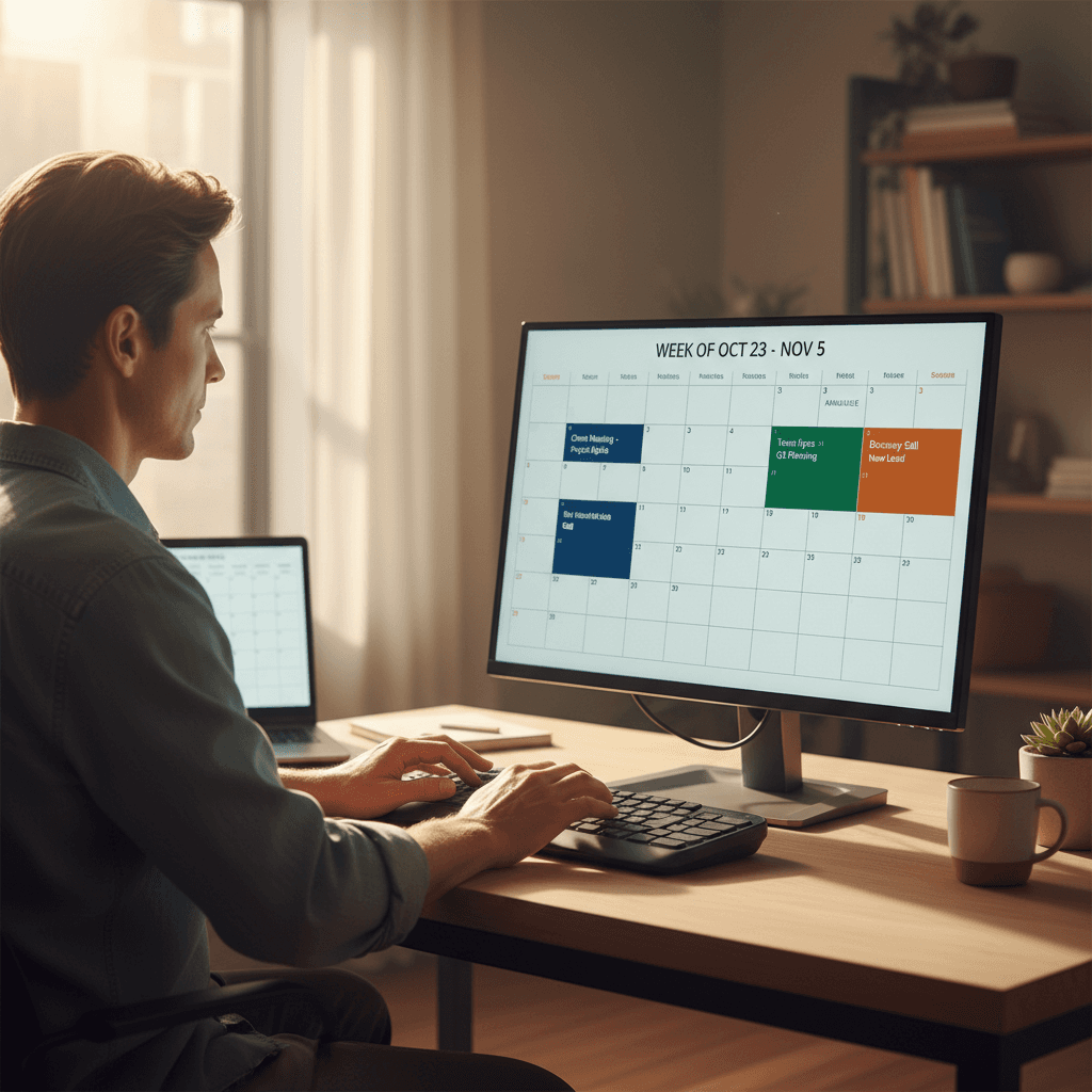 Service professional reviewing their synced online booking calendar