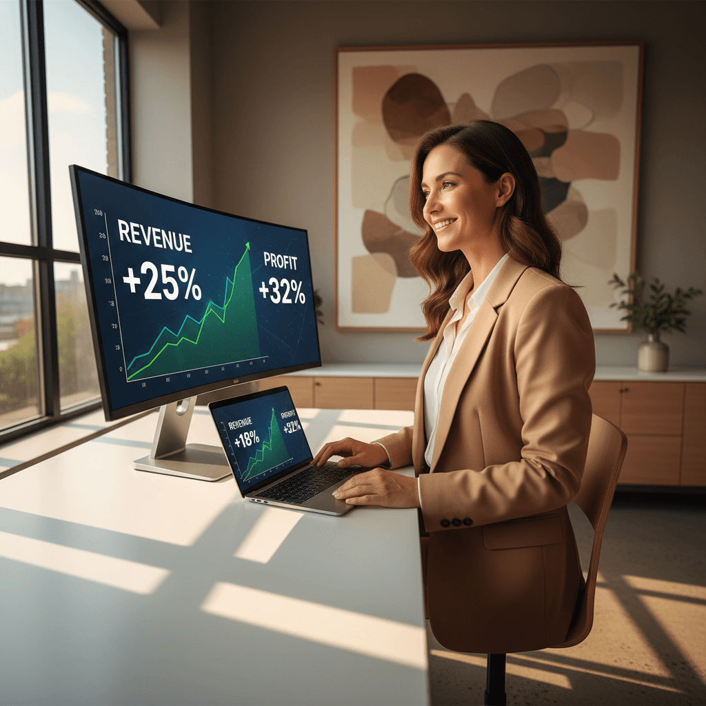 Business owner reviewing growing revenue metrics