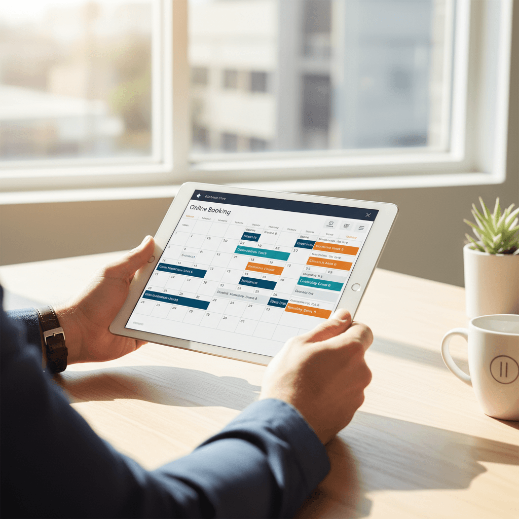 Service business owner reviewing online booking calendar on tablet